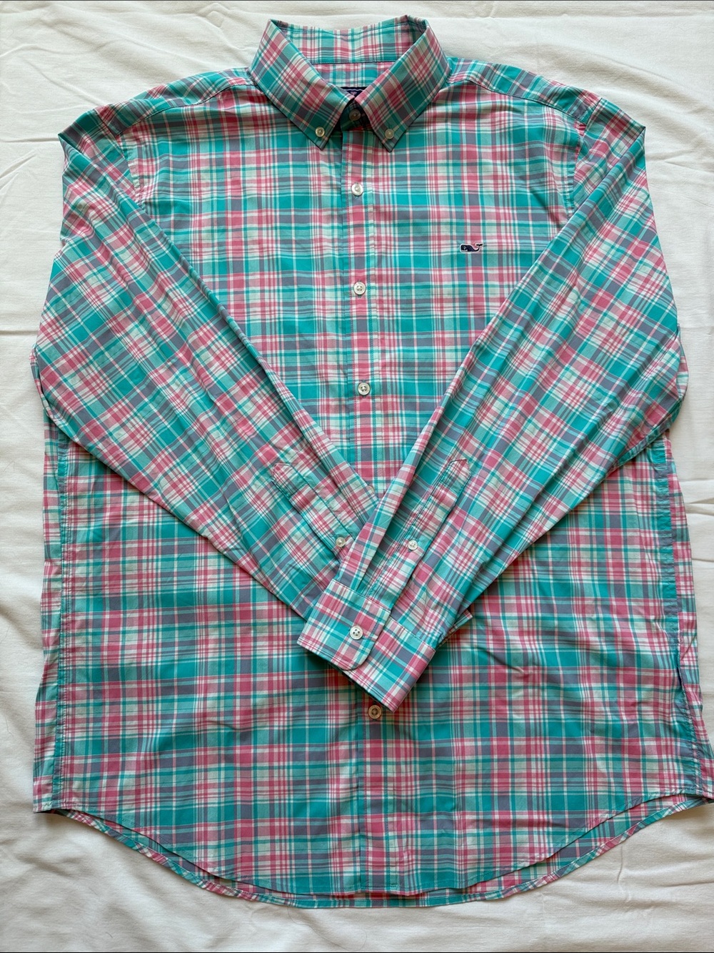 Vineyard Vines Teal and Pink Plaid Long-Sleeve Button-Down Shirt